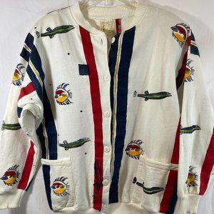 Play Alegre Nautical Print Ivory Long Sleeve Cardigan Sweater EUC Women One Size
